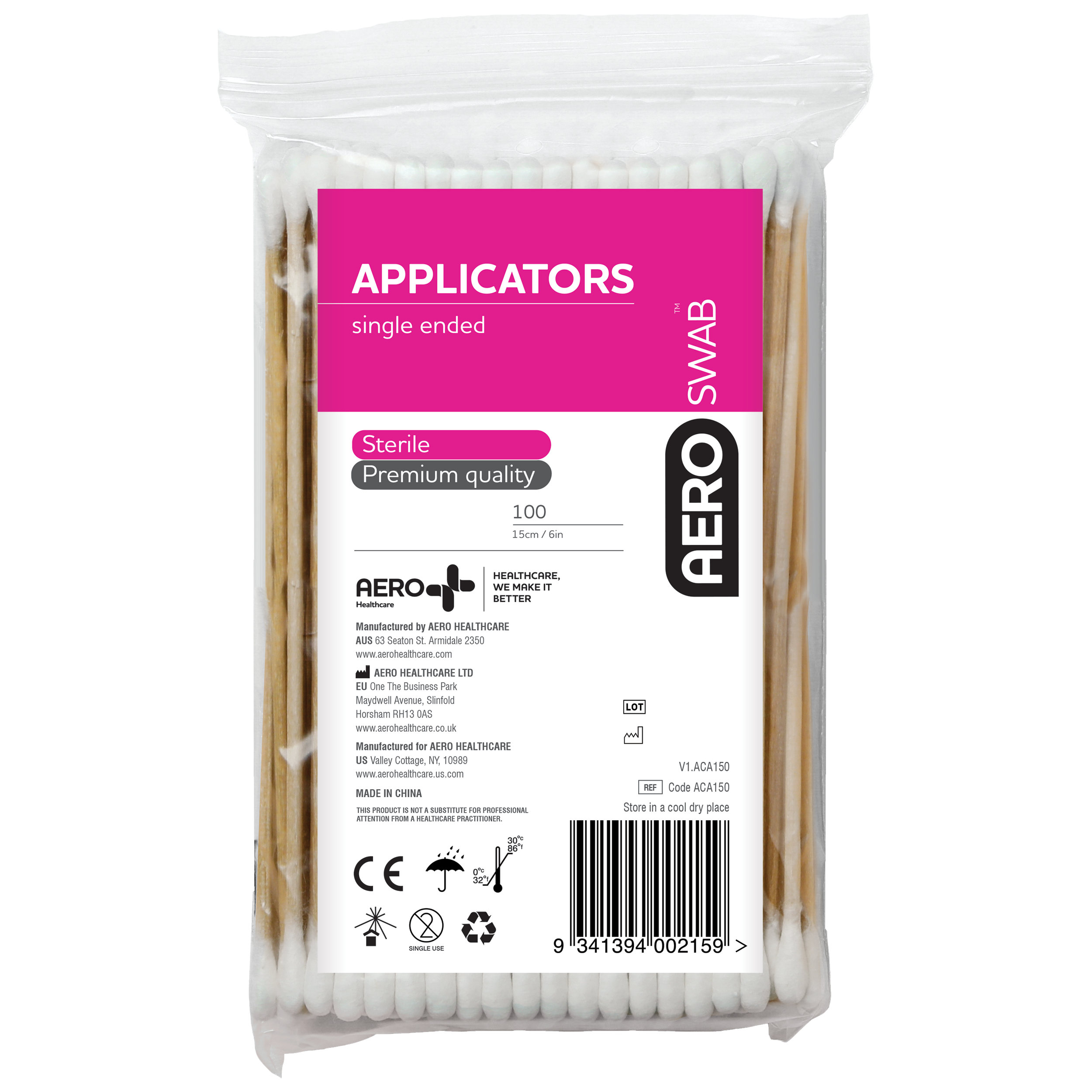 15cm Wood Single End Cotton‑tip Applicators ( Bag of 100 )