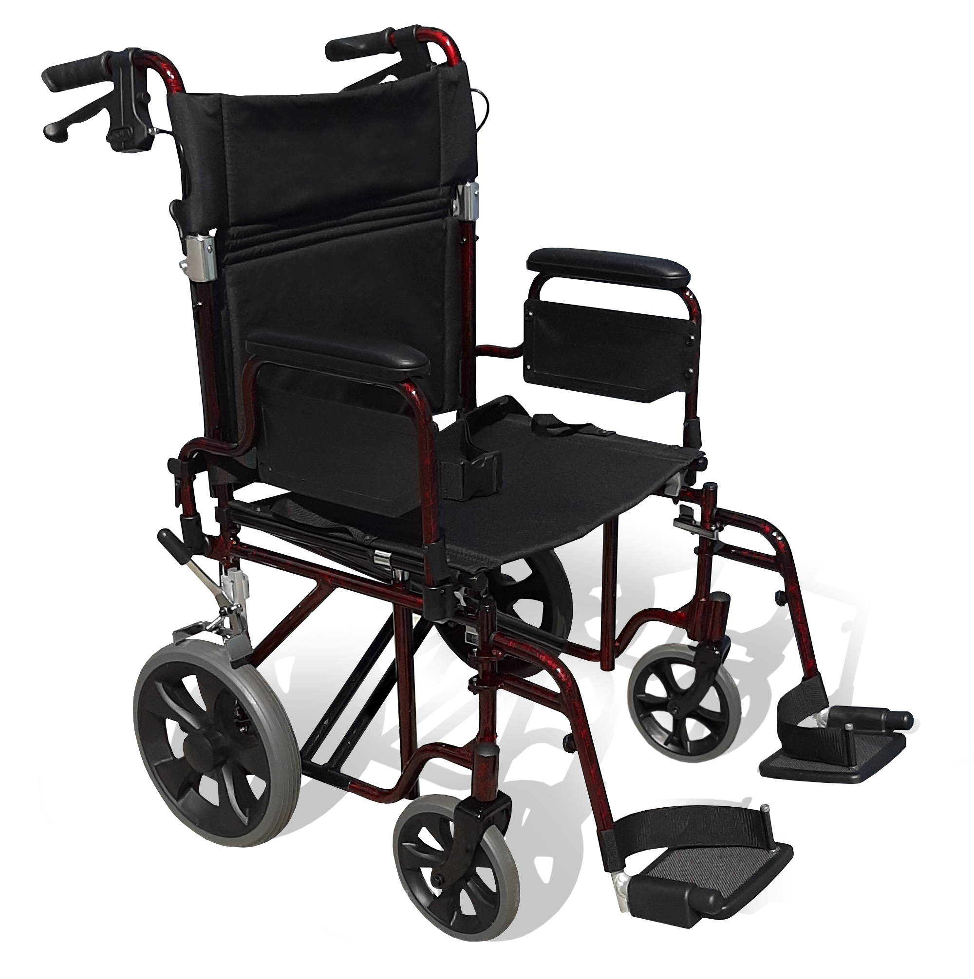 17" and 19" TRANSPORT CHAIR DELUXE WITH FOLDING BACKREST, REV ARMRESTS & HAND BRAKES