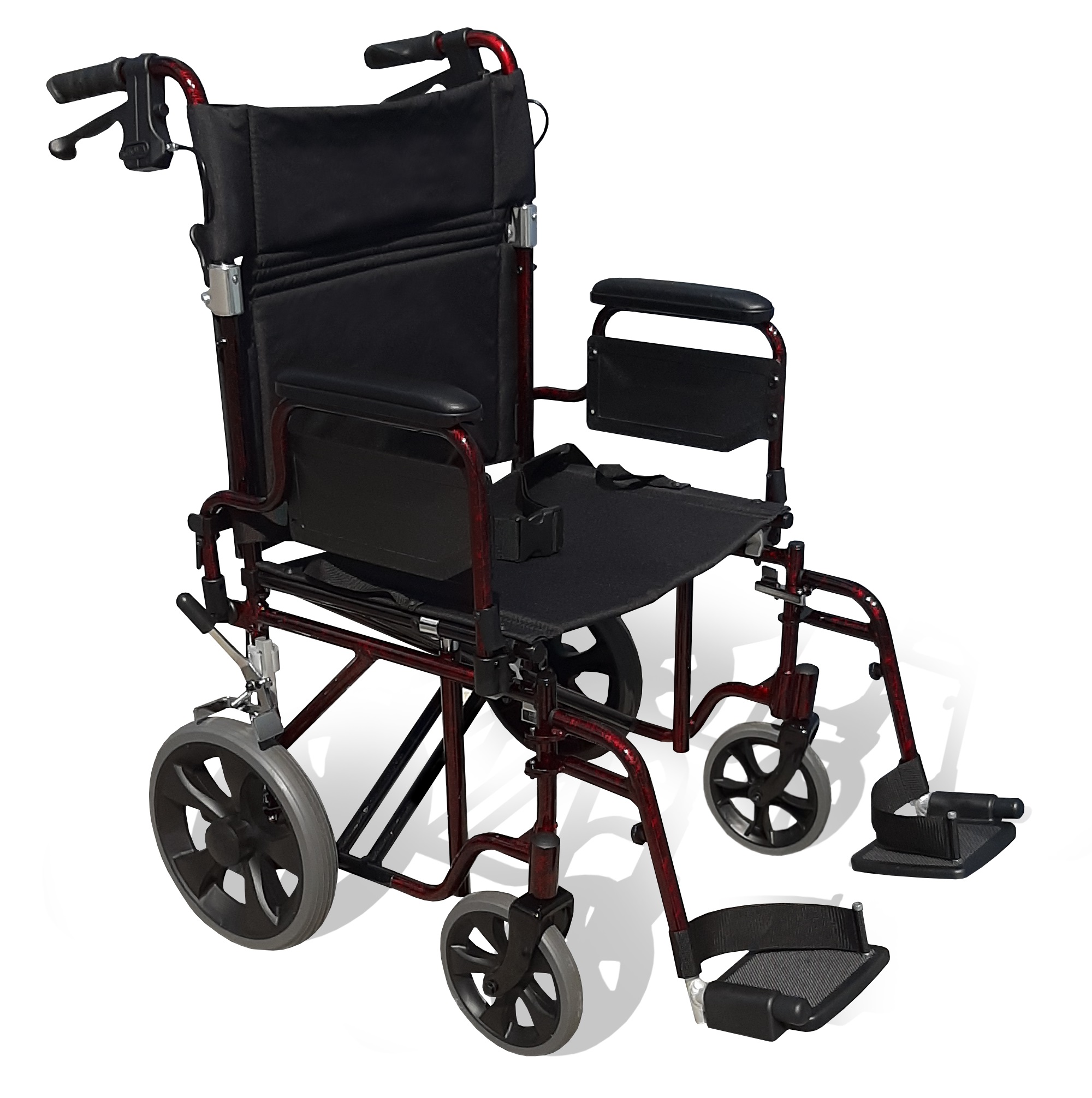 22" TRANSPORT CHAIR DELUXE WITH FOLDING BACKREST, REV ARMRESTS & HAND BRAKES