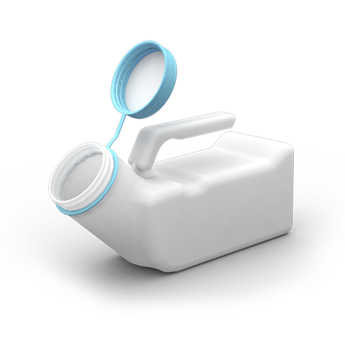 MALE URINAL BOTTLE WITH FLAT BASE AND SCREW TOP LID IN DISPLAY PACKAGING