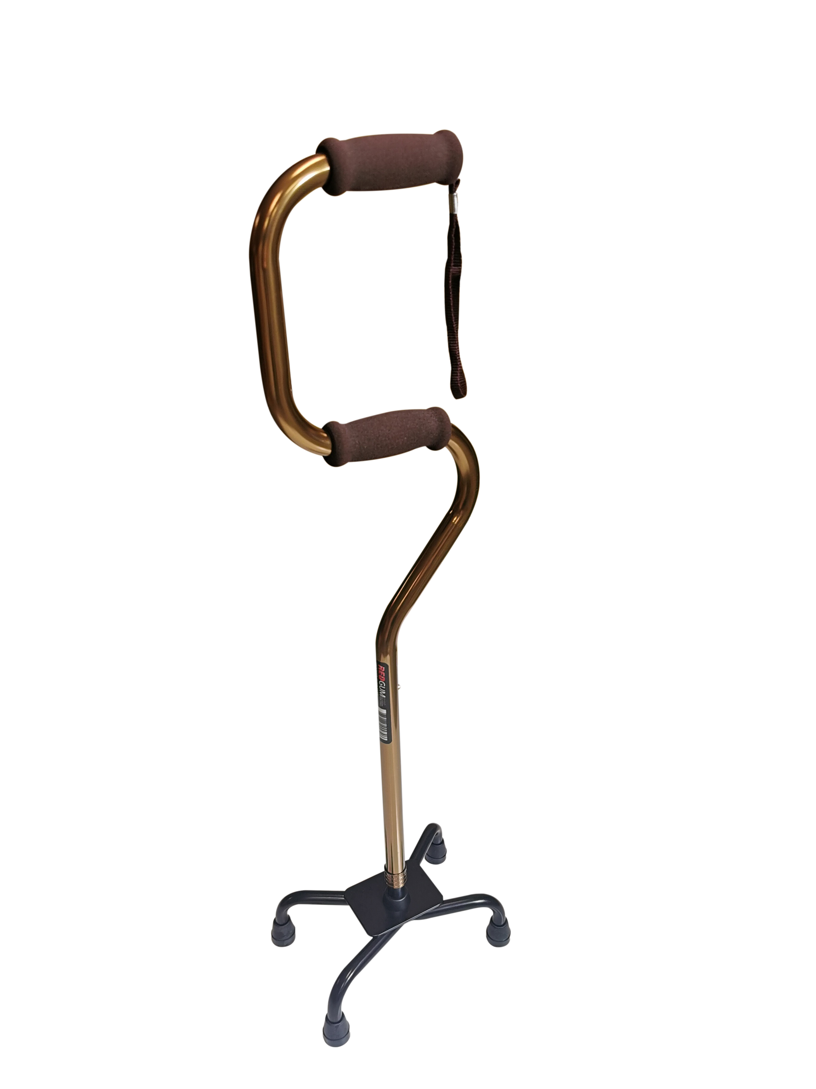 CROOK QUAD CANE WITH HAND STRAP DESIGNED TO ASSIST GETTING UP FROM A SEATED POSITION